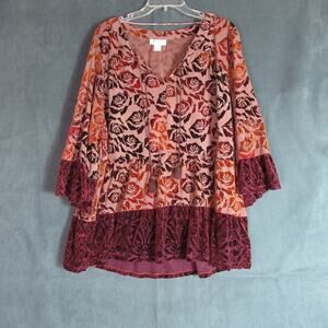 Style & Co Burnout Velvet Floral Top Womens 3X Red Boho Tassel Tie Loose Fit